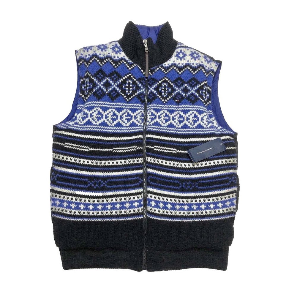 NEW $169 Tommy Hilfiger Down Puffer Vest!  Blue & Black  Fair Isle Sweater Front